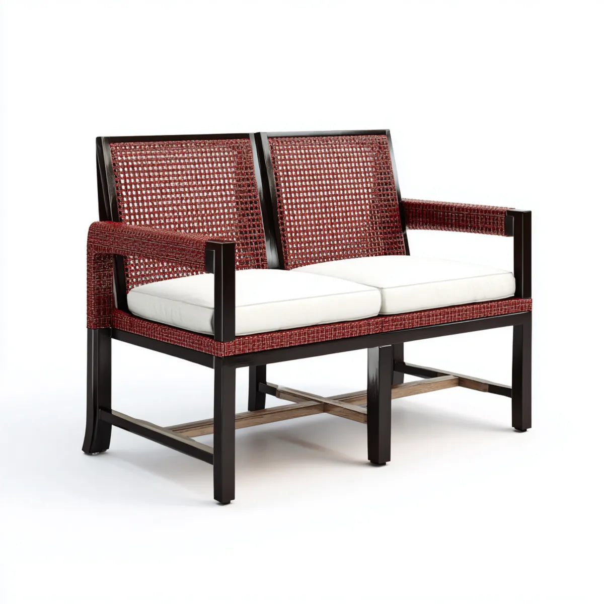 Ławka ogrodowa, 2-osobowa ławka ogrodowa Red czarny 125 x 70 x 88 cm lite drewno PE- rattan prostokątna