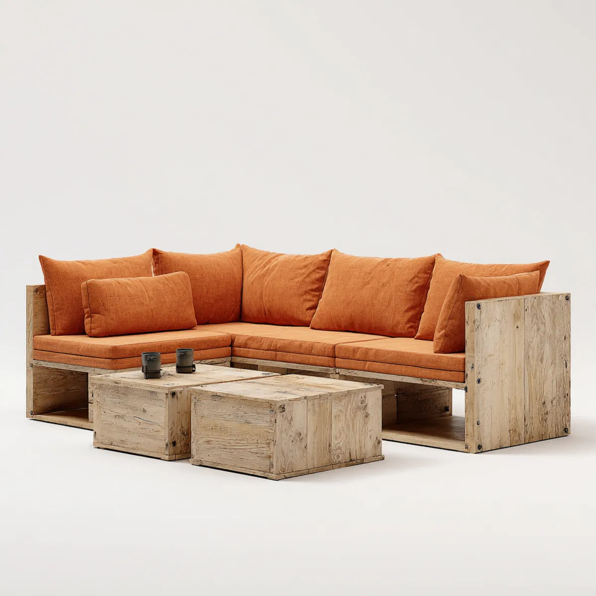 Sofa ogrodowa, Zestaw do barów Taras kształt litery L pomarańczowy z litego drewna sosnowego z 2 stołami do kawy 260 x 260 cm