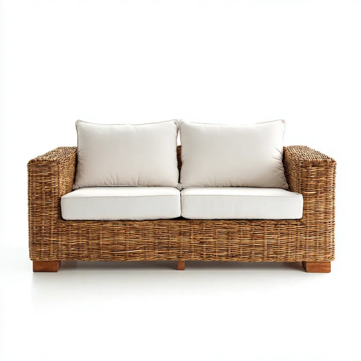 Sofa ogrodowa, 2-osobowy taras sofa naturalny brązowy krem 152 x 85 x 85 cm rattan z poduszką poliestrową prostokątna