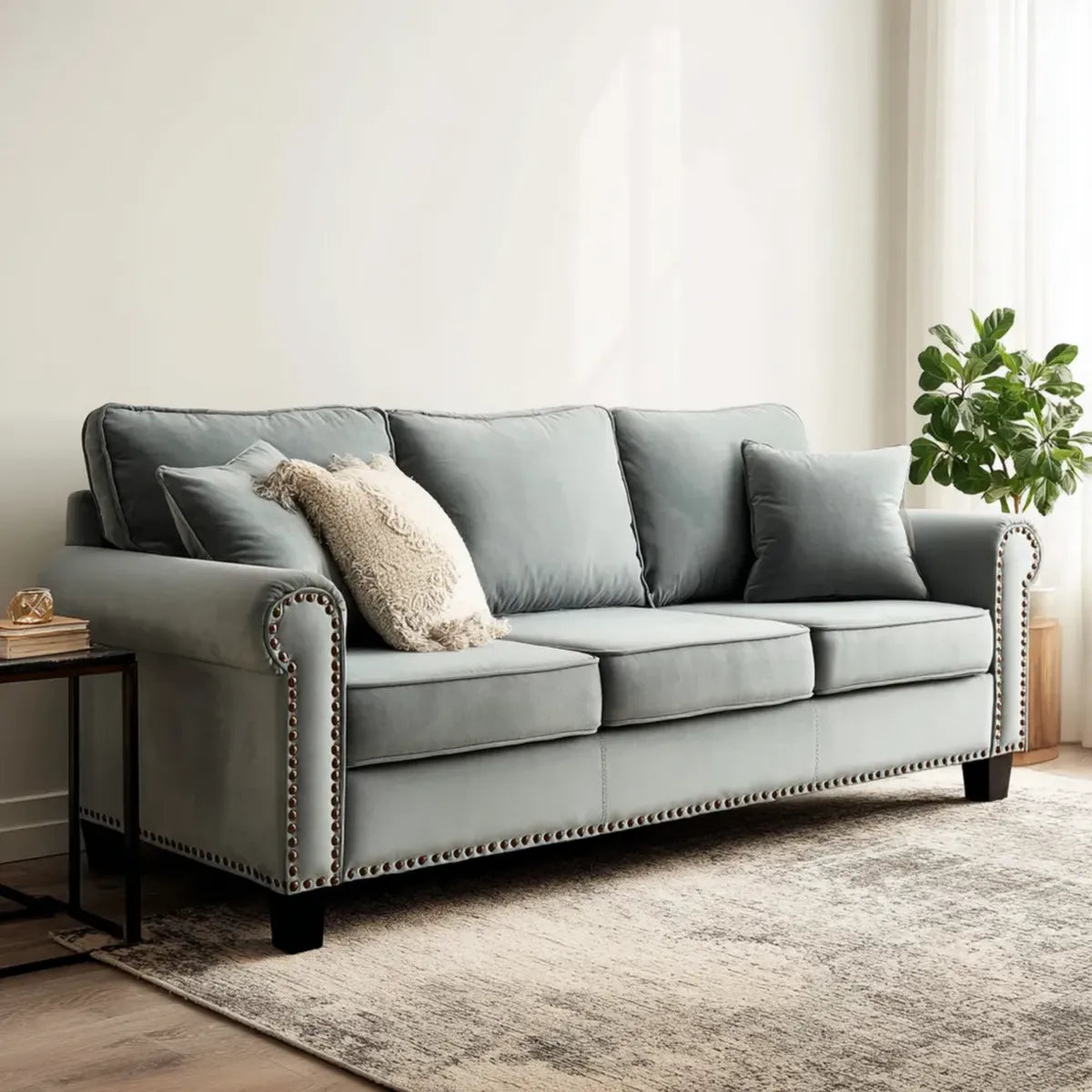 Sofa, 3-fotela sofa jasnoszara 210 x 90 x 88 cm poliester aksamit prosty kształt