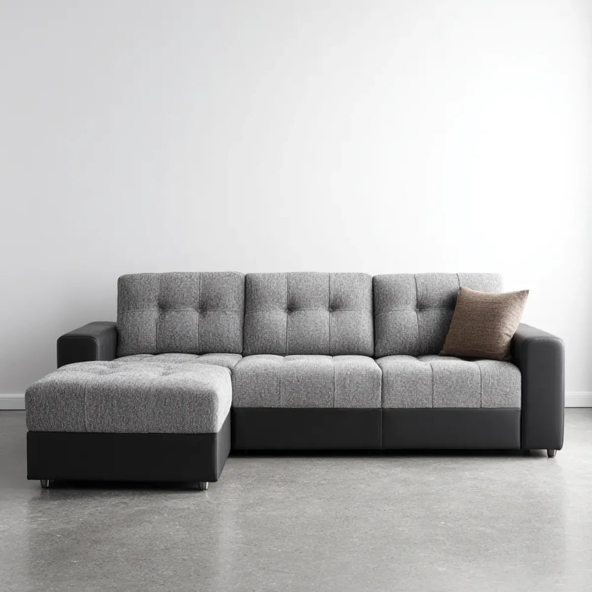 Sofa, Kanapa narożna z szarym ottomańskim 260 x 160 x 85 cm poliestrowym i polipropylenowym sztucznym skórzanym kształtem